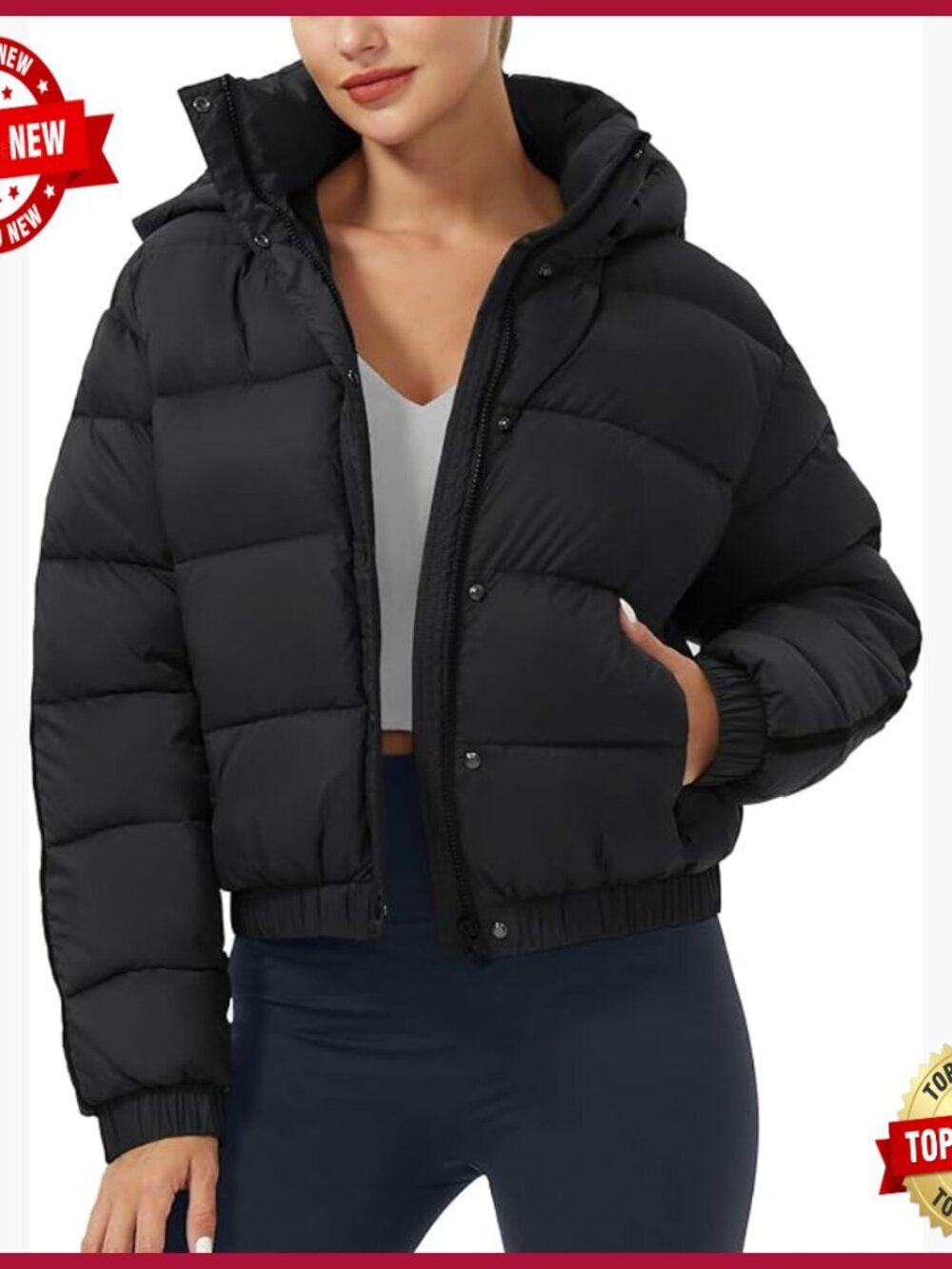 Cropped Puffer Jacket with Hood Waterproof Winter Coat Quilted